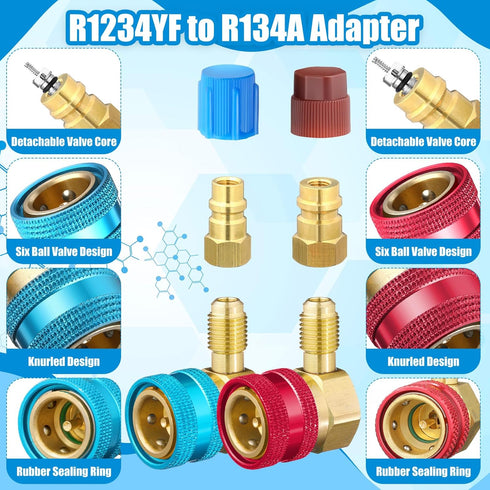 R1234yf Adapter R1234yf to R134a Quick Coupler High Low Side Ac Fitting Adapter with Valve Core Hose Seal Thimble Valve Core Remover for Car AC Ai...